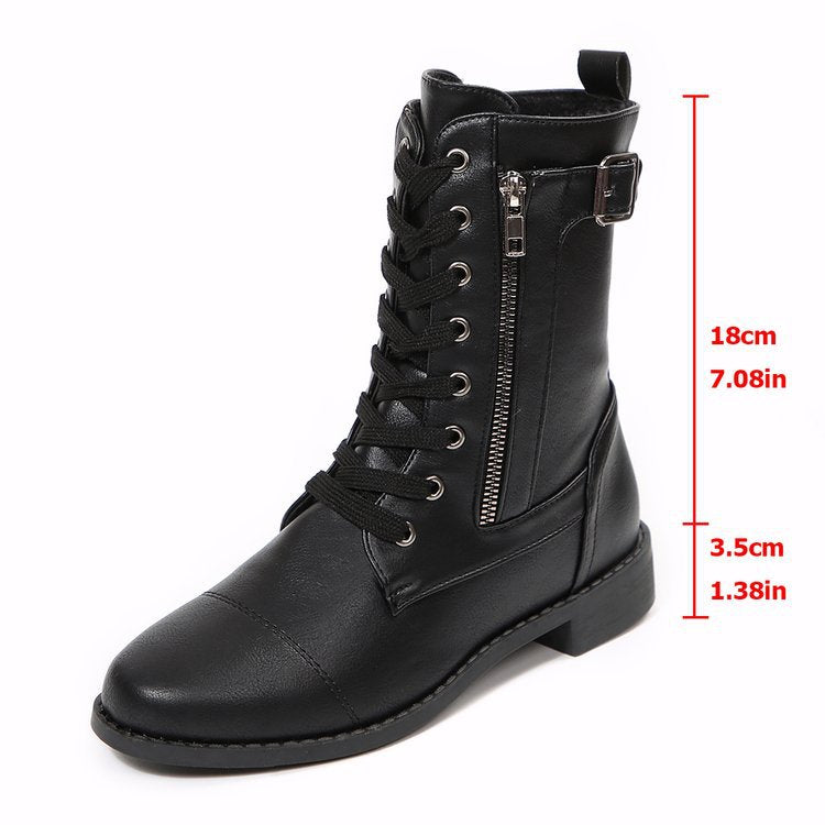 Round-toe Side Zipper Lace-up Mid-calf Boot