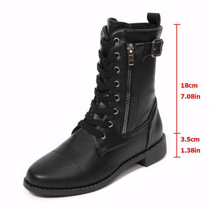 Round-toe Side Zipper Lace-up Mid-calf Boot