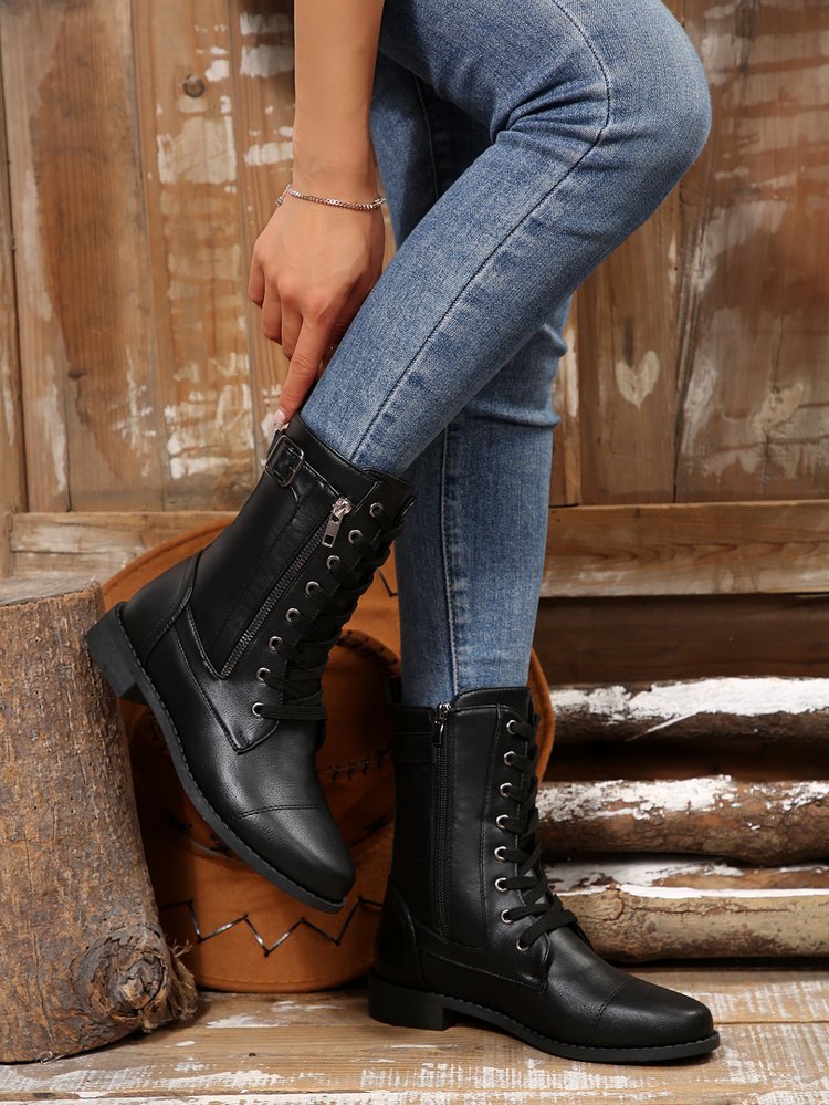 Round-toe Side Zipper Lace-up Mid-calf Boot