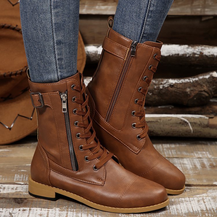 Round-toe Side Zipper Lace-up Mid-calf Boot