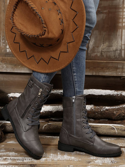 Round-toe Side Zipper Lace-up Mid-calf Boot