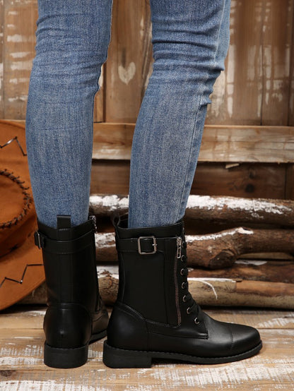 Round-toe Side Zipper Lace-up Mid-calf Boot