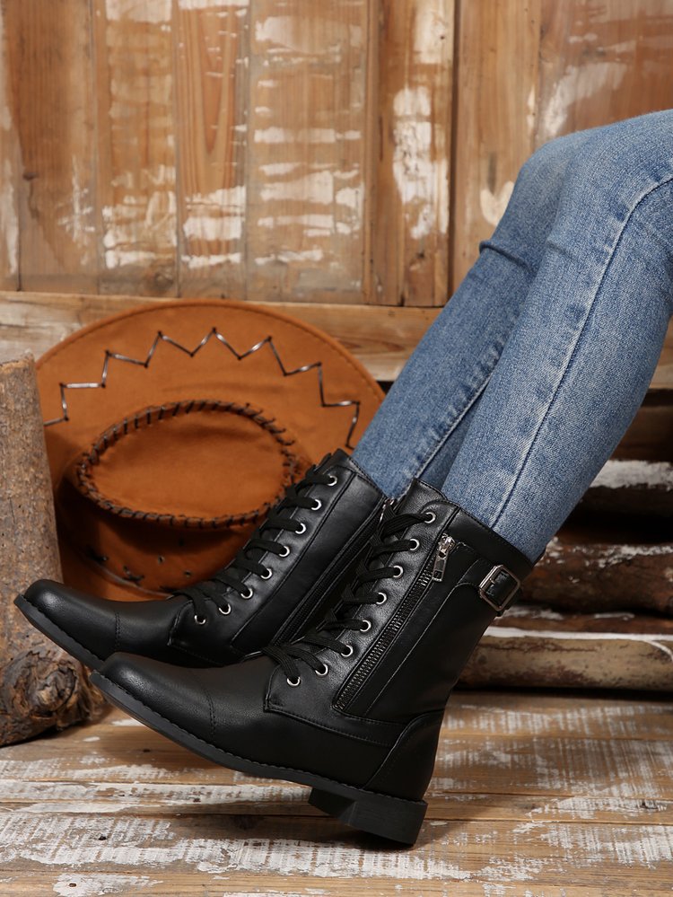 Round-toe Side Zipper Lace-up Mid-calf Boot