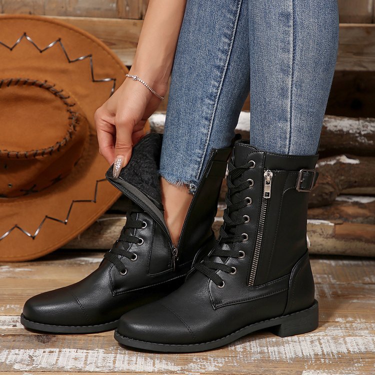 Round-toe Side Zipper Lace-up Mid-calf Boot
