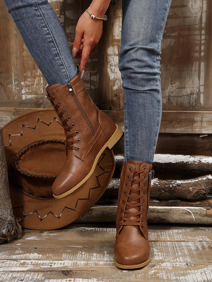 Round-toe Side Zipper Lace-up Mid-calf Boot