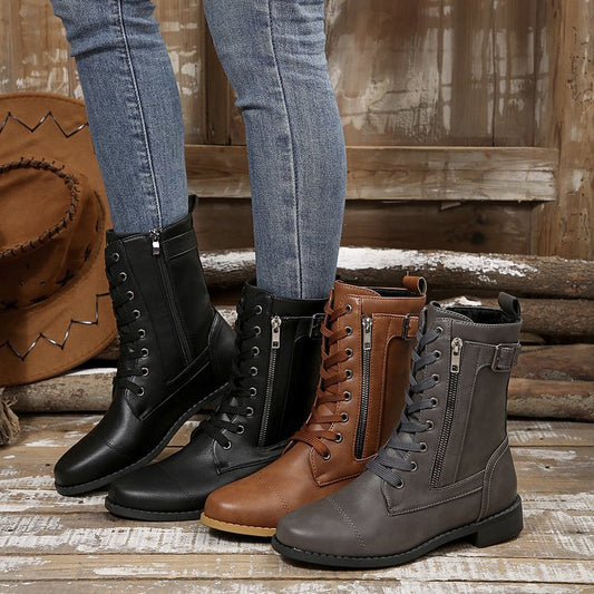 Round-toe Side Zipper Lace-up Mid-calf Boot