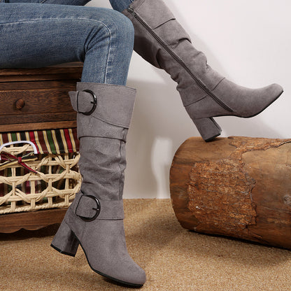 Suede Buckle Detail Chunky Heels Knee-high Boot