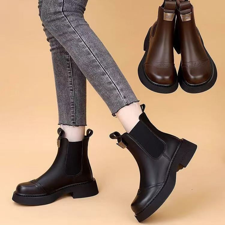 Fleece-lined Slip-on Stretch Leather Ankle Boot