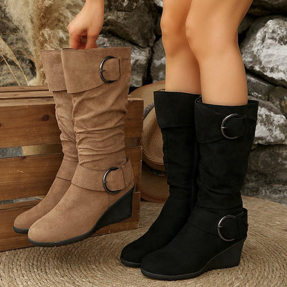 Buckle Side Zipper Suede Platform Wedge Boot