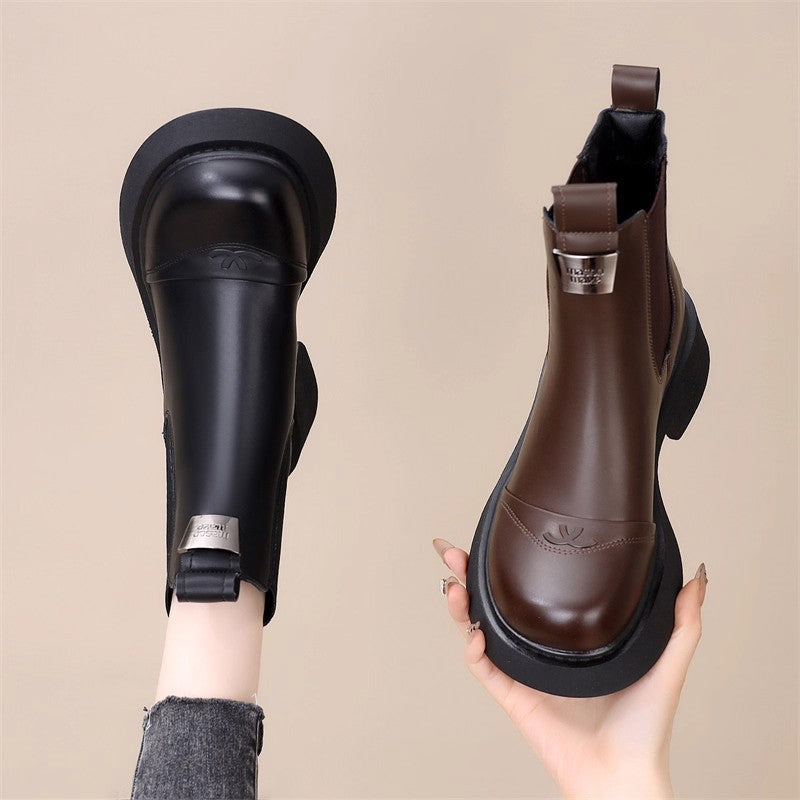 Fleece-lined Slip-on Stretch Leather Ankle Boot