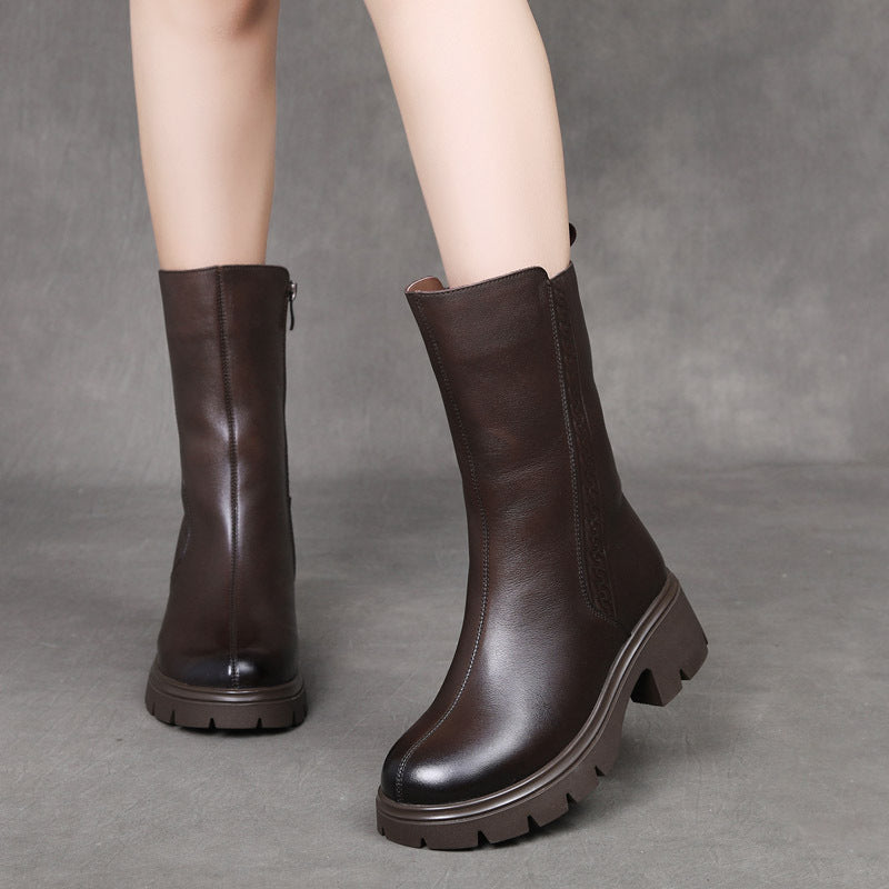 Fleece-lined Mid-calf Chunky Heel Zip-up Boots