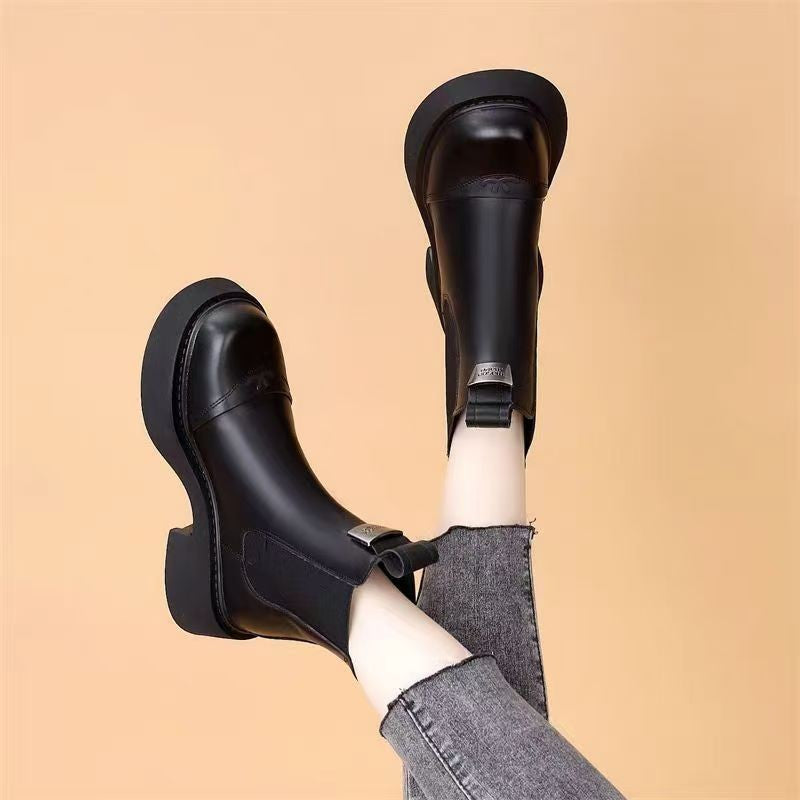 Fleece-lined Slip-on Stretch Leather Ankle Boot