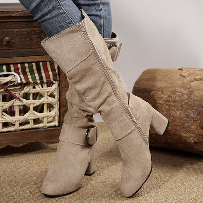 Suede Buckle Detail Chunky Heels Knee-high Boot