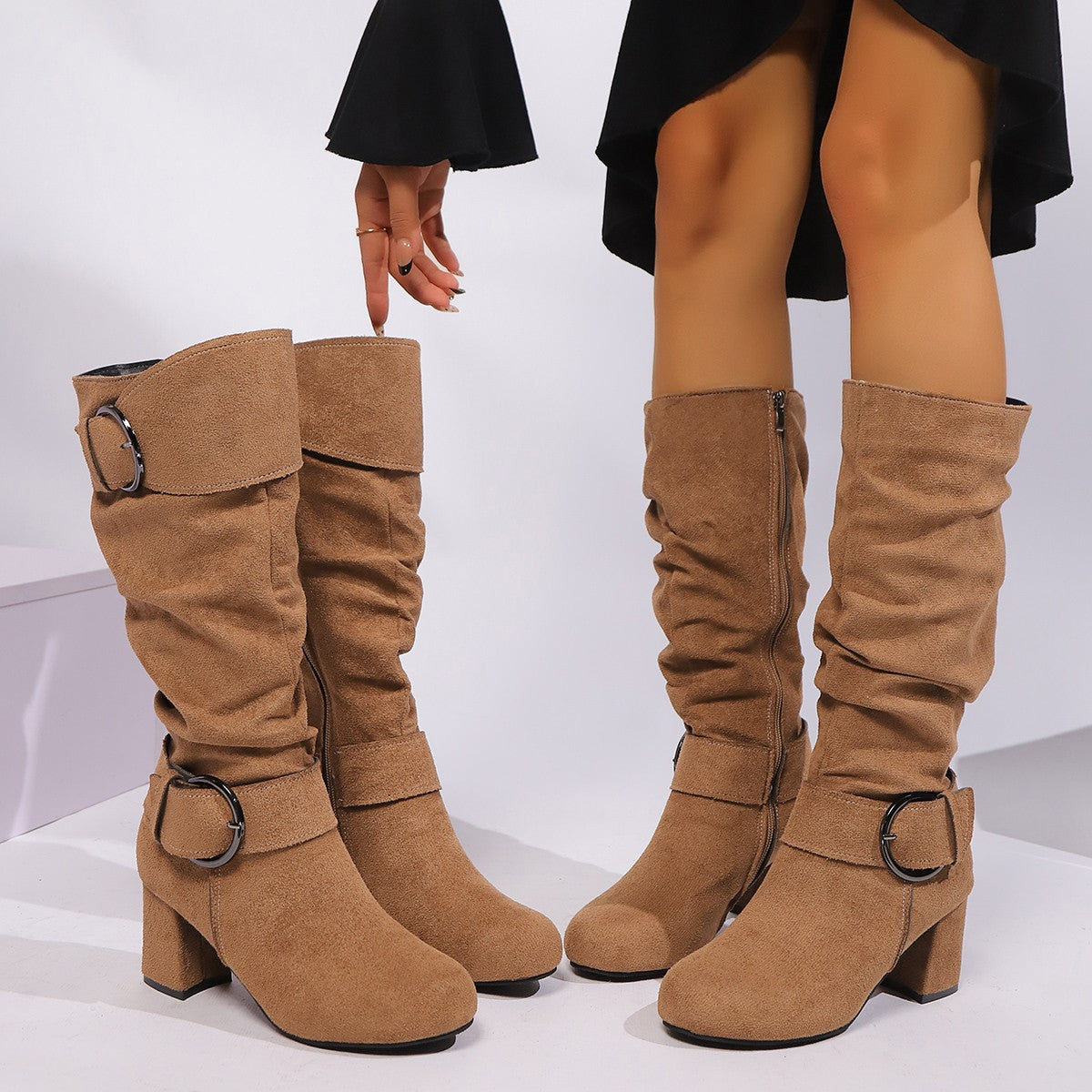 Suede Buckle Detail Chunky Heels Knee-high Boot