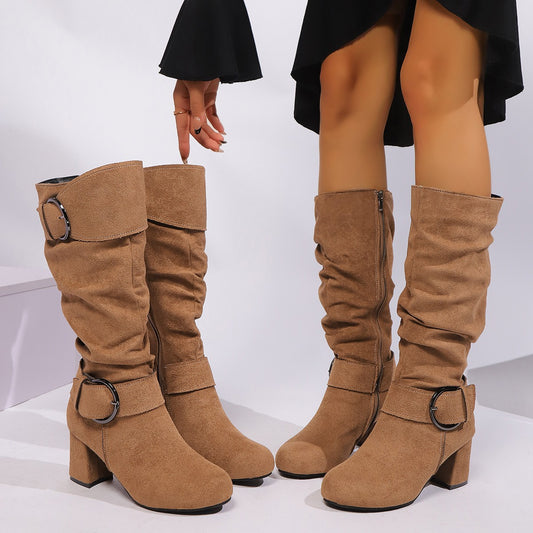 Suede Buckle Detail Chunky Heels Knee-high Boot