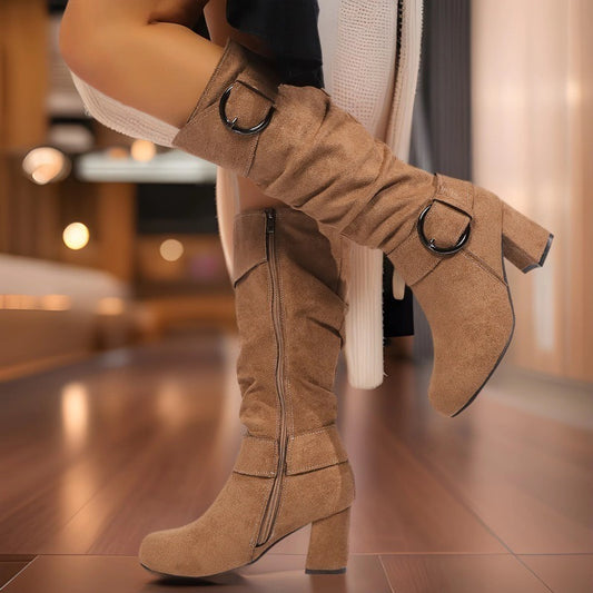 Suede Buckle Detail Chunky Heels Knee-high Boot