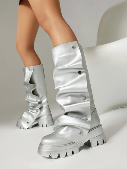 Platform Sole Metal Studded Two-way Wear Slouchy Knee-high Boot
