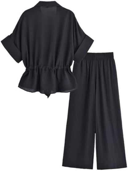 Fashion Lapel Loose Shirt Wide-leg Pants With Pockets Suit