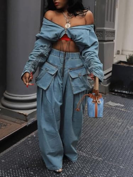 Denim Zip Long Sleeve Crop Jacket & Drawstring Loose Wide Leg Pant