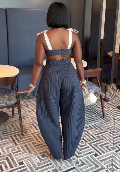 Sexy Spliced Bow Strap Waist-baring Wide-leg Pants Suit