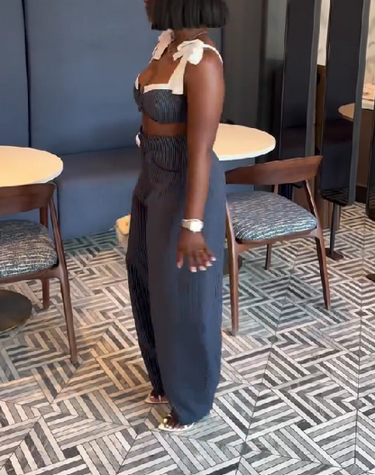 Sexy Spliced Bow Strap Waist-baring Wide-leg Pants Suit