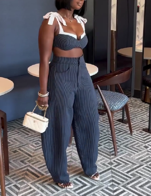 Sexy Spliced Bow Strap Waist-baring Wide-leg Pants Suit