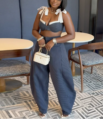 Sexy Spliced Bow Strap Waist-baring Wide-leg Pants Suit