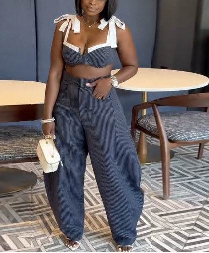 Sexy Spliced Bow Strap Waist-baring Wide-leg Pants Suit