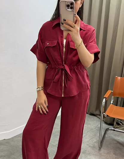 Fashion Lapel Loose Shirt Wide-leg Pants With Pockets Suit