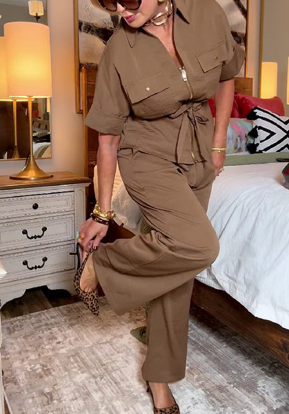 Fashion Lapel Loose Shirt Wide-leg Pants With Pockets Suit