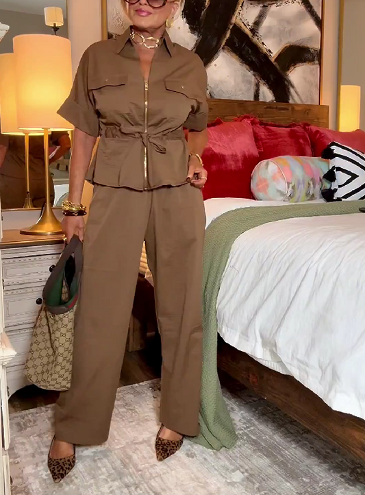 Fashion Lapel Loose Shirt Wide-leg Pants With Pockets Suit