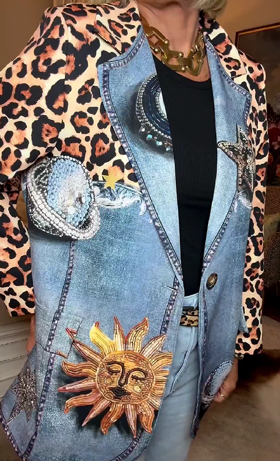 Leopard Denim Long Sleeve Blazer