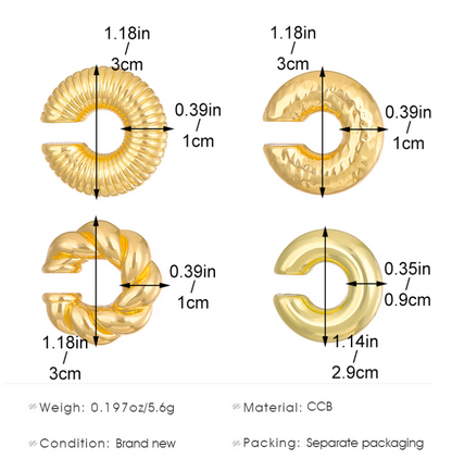 4 pcs Chunky Gold Ear Cuff Earrings
