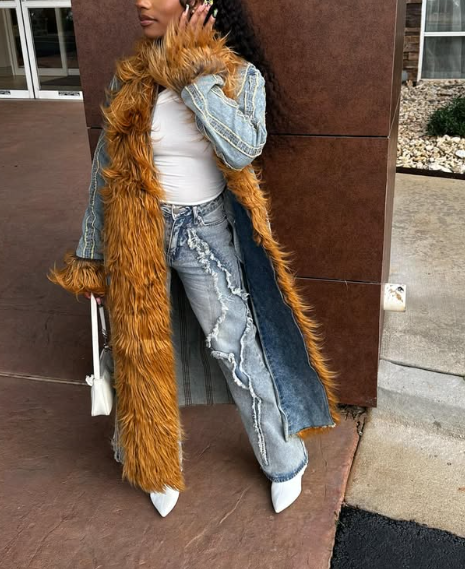 Denim Faux Fur Long Coat