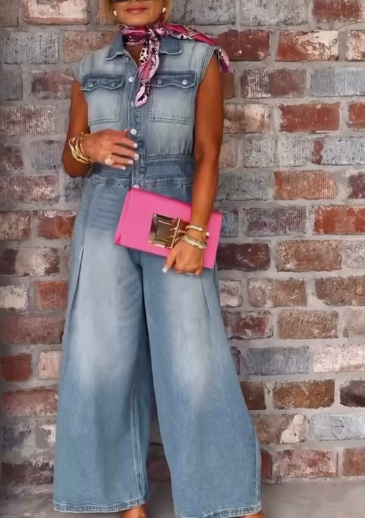Casual Washed Sleeveless Denim Wide-leg Jumpsuit