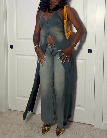 Denim Vest with V-Neck and Slit Hollow Back