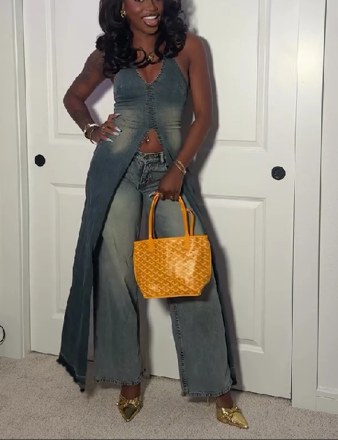 Denim Vest with V-Neck and Slit Hollow Back