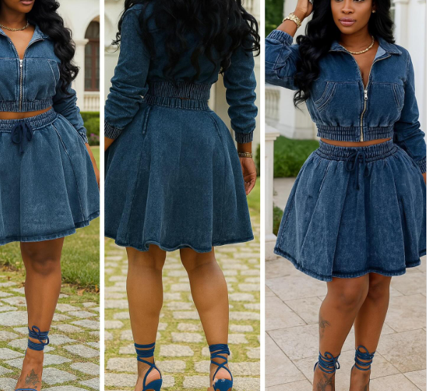 Denim Cropped Long Sleeve Hooded Zip-Up Top and Skirt Set