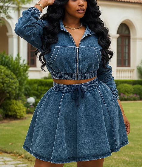 Denim Cropped Long Sleeve Hooded Zip-Up Top and Skirt Set