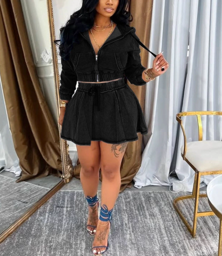 Denim Cropped Long Sleeve Hooded Zip-Up Top and Skirt Set