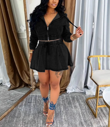 Denim Cropped Long Sleeve Hooded Zip-Up Top and Skirt Set