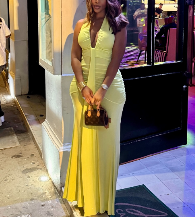 Sexy Deep V-neck Halter Neck Pleated Dress