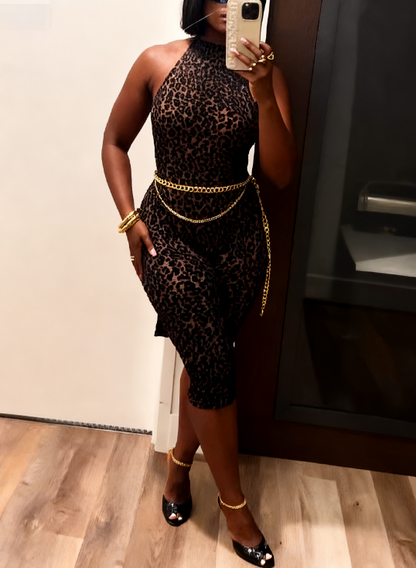 Leopard Velvet Burnout Halter Capri Bodysuit