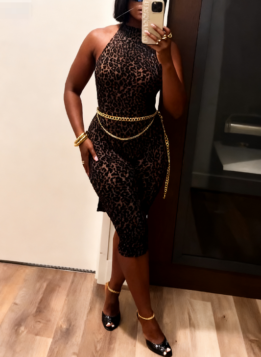 Leopard Velvet Burnout Halter Capri Bodysuit