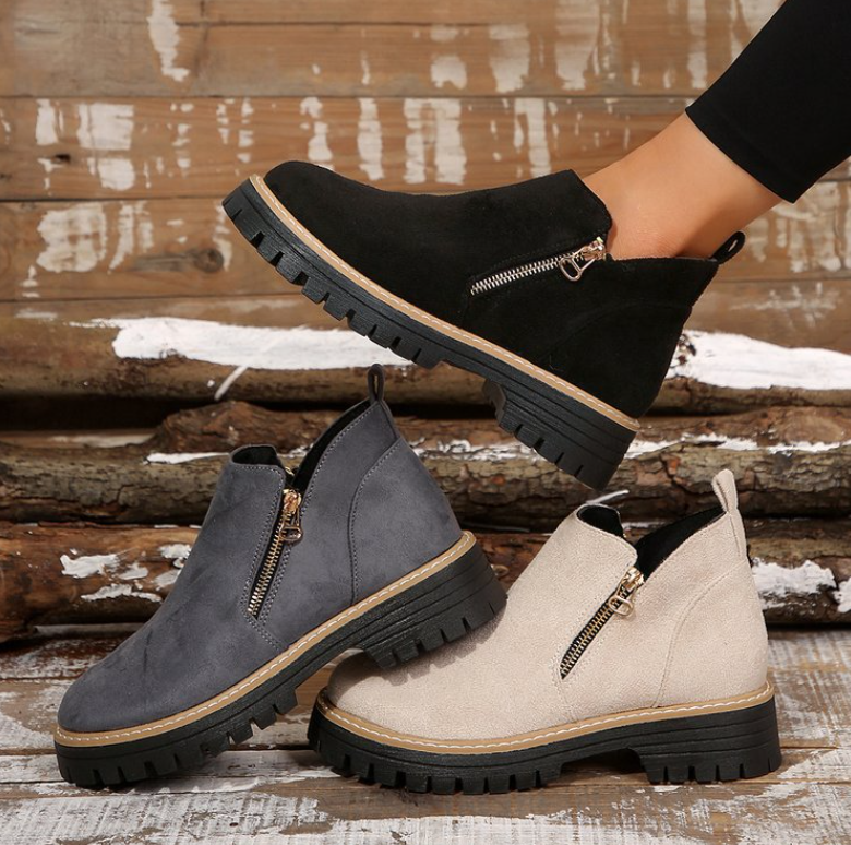 Durable Chunky Sole Zipper Design Ankle Boot