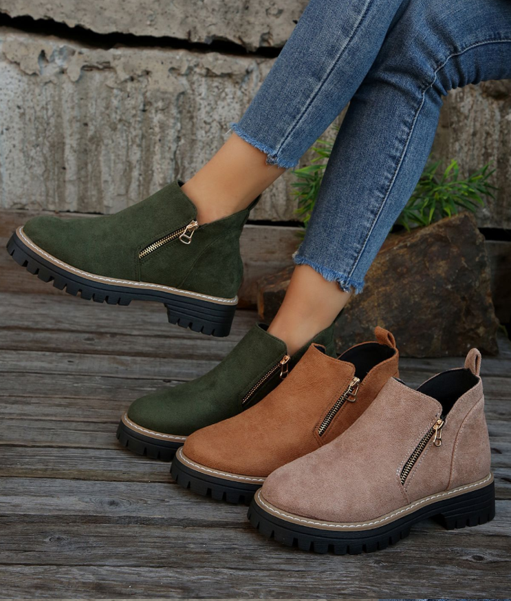 Durable Chunky Sole Zipper Design Ankle Boot