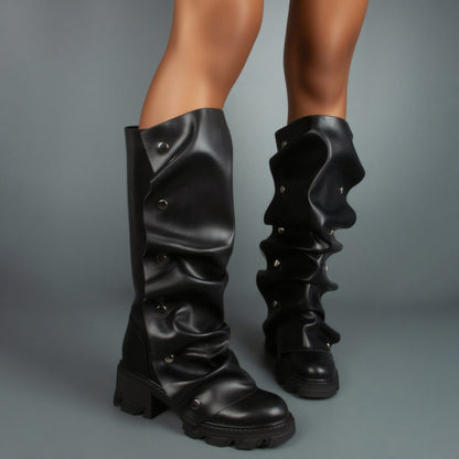 Platform Sole Metal Studded Two-way Wear Slouchy Knee-high Boot