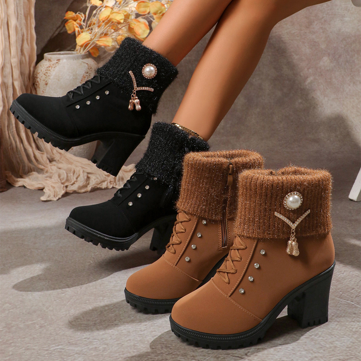 Fluffy Warm Rhinestone Ankle Snow Boots