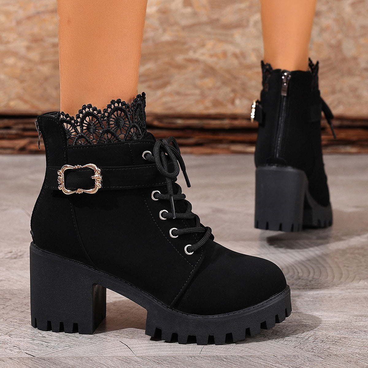 Lace-up Buckle Lace-trimmed Chunky Heeled Combat Boots