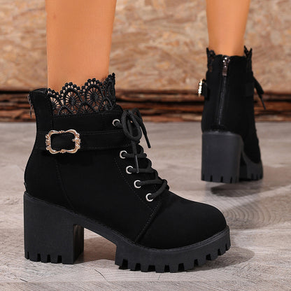 Lace-up Buckle Lace-trimmed Chunky Heeled Combat Boots